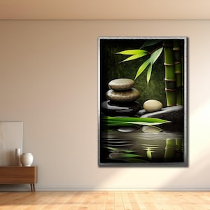 Bamboo and Stones Canvas Art, Meditation Wall Decor, Stones Print on Canvas, Living Room Decor, Asian Wall Art, Nature Framed Artwork