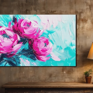 Pink Peonies Canvas Art, Peony Wall Decor, Roses Print on Canvas, Living Room Decor, Flowers Wall Art, Wall Hanging, Floral Printing Art