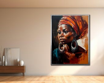African Woman Canvas Print: Ethnic Portrait with Turban, Framed Wall Art