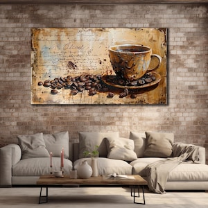 Tela de xícara de café marrom, arte de parede com impressão de café, impressão em tela de presente para cafeteria, arte de pintura com respingos de café, arte de pôster de xícara de café