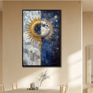 Peinture soleil sur toile, oeuvre d'art murale soleil et lune, décoration murale contemporaine, impression de cartes de tarot, décoration murale de chambre à coucher, toile encadrée soleil céleste