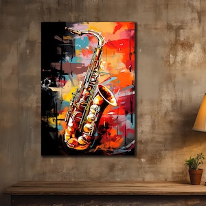 Pintura de saxofón sobre lienzo, lienzo de arte pop, decoración de pared de música de jazz, póster de instrumentos musicales, decoración lista para colgar, arte impreso de músicos