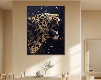 Tiger in Gold Wall Art, Leopard Canvas, Asian Wildlife Wall Decor, Elegant Home Poster