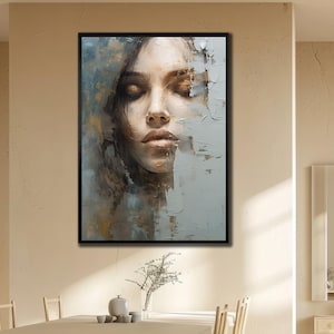 Woman Portrait Wall Art, Painting on Canvas, Face Wall Art, Abstract Wall Decor, Blue&White poster, Ready To Hang Decor, Woman Face Wall Art