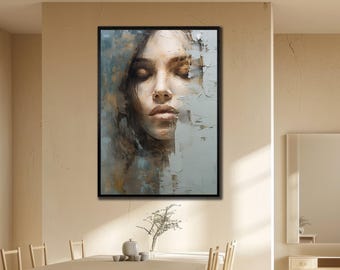Abstract Woman Portrait Canvas Art: Blue & White Face Wall Decor