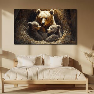 Brown Bear Painting on Canvas, Family Bear Wall Art, Contemporary Wall Decor, Animal Poster, Ready To Hang Decor, Grizzly Bear Printing Art