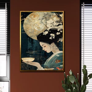 Arte em tela de gueixa, decoração de parede japonesa, arte de parede étnica, pintura de gueixa em tela, pôster tradicional, pintura de samurai, arte asiática elegante