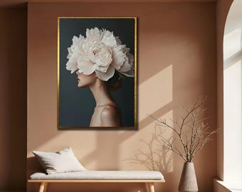 Woman with Peony Portrait: White Roses Canvas Art, Elegant Feminine Decor