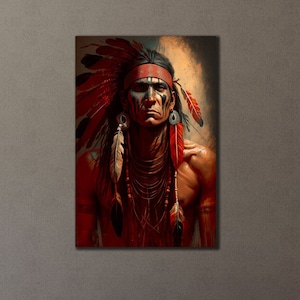 May include: A painting of a Native American man wearing a traditional headdress with red and black feathers. He has a serious expression on his face and is wearing a beaded necklace. The background is a muted brown.