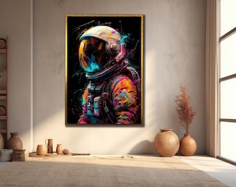 Vibrant Astronaut Canvas Art: Colorful Galaxy Painting, Space Wall Decor