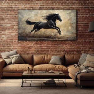 Horses Painting on Canvas, Black Horse Wall Art, Contemporary Wall Decor, Animals Poster, Ready To Hang Decoration, Horse Printing Artwork