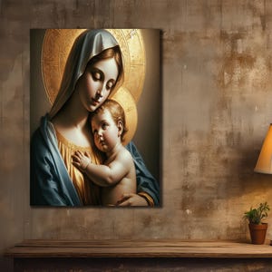 The Virgin Mary Child Canvas, Religious Wall Art, Catholic Print Wall Decor, Immaculate Mary Painting Art, Spiritual Sanctified Souls Poster