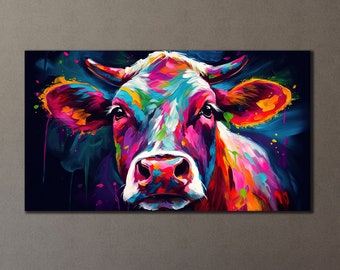 Colorful Cow Canvas Printing, Cow Wall Decor, Abstract Animal Wall Art, Painting On Canvas, Colorful Animal Canvas Art, Farmhouse For Gifts