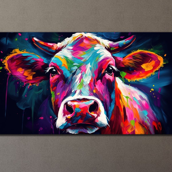 Impression sur toile de vache colorée, décoration murale de vache, art mural animal abstrait, peinture sur toile, art animalier coloré sur toile, ferme pour cadeaux