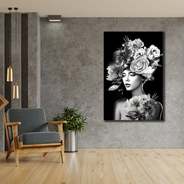 Black & White Portrait Frau mit Blumen Kopf, Frau Leinwand, Rosen Wand Poster, Mädchen Wand Kunst, Schlafzimmer Dekor, moderne Malerei auf Leinwand