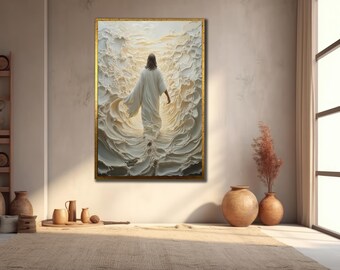 Jesus Walking on Water Canvas Print: Divine Journey Wall Art, Christian Faith Wall Decor