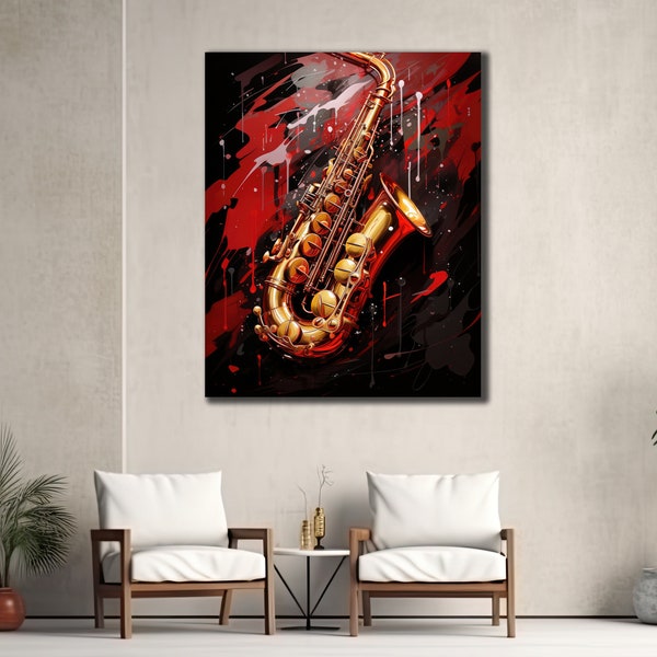 Saxophone Painting on Canvas, Music Wall Art, Jazz Music Wall Decor, Musical Instruments Poster, Ready To Hang Decor, Musician Printing Art