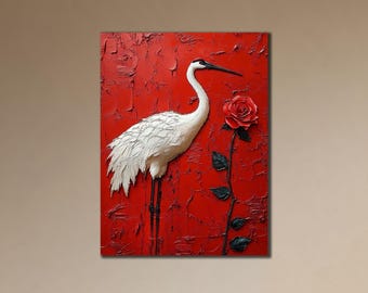 Red Crane Canvas Print: Minimalist Japanese Wall Art