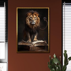 Lion and Book Canvas Print Art, Divine Power Wall Art, Christian Gift Ideas, Religious Print Art, 3d Lion Canvas Art, Spiritual Wall Decor