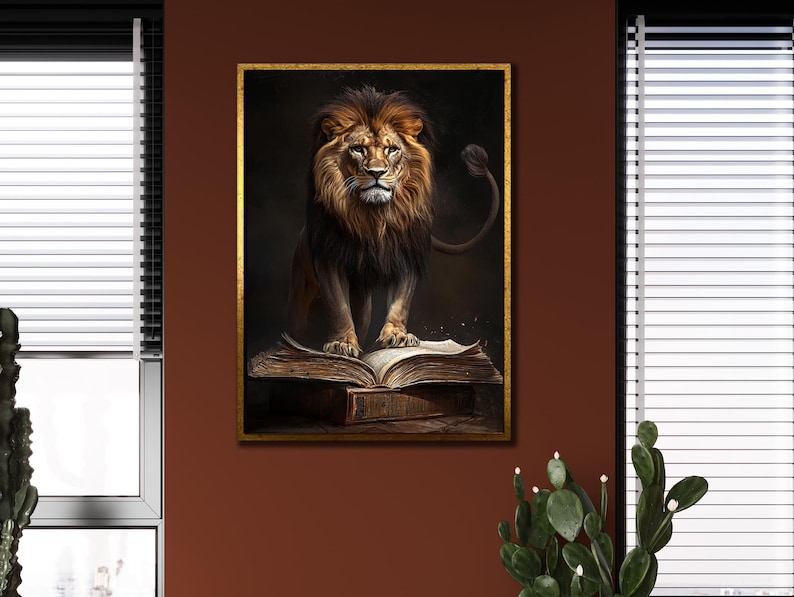 Lion and Book Canvas Print: Divine Power Spiritual Wall Art image 1