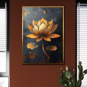 Gold Lotus Painting, Canvas Wall Art, Lotus Flower Print Art, Botanical Artwork,Elegant Lotus Painting, Floral Printing Art,Spiritual Poster