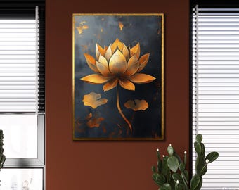 Gold Lotus Painting, Canvas Wall Art, Lotus Flower Print Art, Botanical Artwork,Elegant Lotus Painting, Floral Printing Art,Spiritual Poster