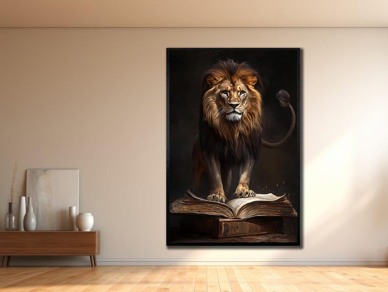 Lion and Book Canvas Print: Divine Power Spiritual Wall Art image 4