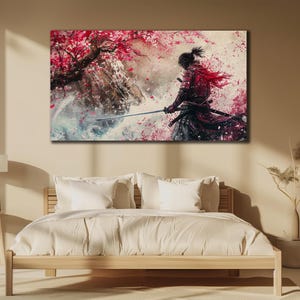 Japanese Warrior Painting on Canvas, Samurai Wall Art, Contemporary Wall Decor, Sakura Tree Poster, Pink Cherry Blossom Printing Art Canvas