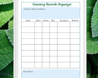 Cemetery Records Organizer Sheet | Printable Fillable | Family Tree History | Ancestry