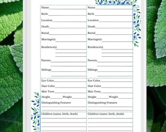 Family Tree Ancestry Sheet | Genealogy Forms Printable Fillable | Family History Group Sheet