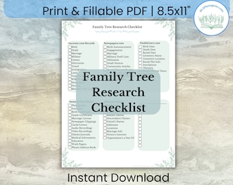 Lista de verificación para la investigación del árbol genealógico / Hoja de trabajo imprimible de genealogía / Formulario rellenable de herencia ancestral / Descarga instantánea