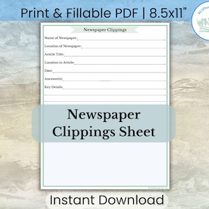 Newspaper Clippings Sheet | Articles Organizer | Fillable Printable | Genealogy Records Template