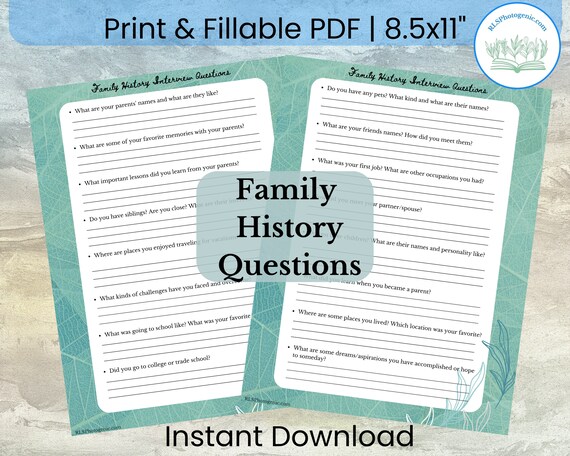 Family History Interview Questions | Ancestry Research Sheet | Family Tree | Printable Fillable Worksheet