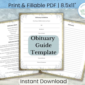 May include: A printable PDF obituary guide template with a floral border. The template includes sections for personal information, date of death, and funeral details. The text "Obituary Guide Template" is prominently displayed.