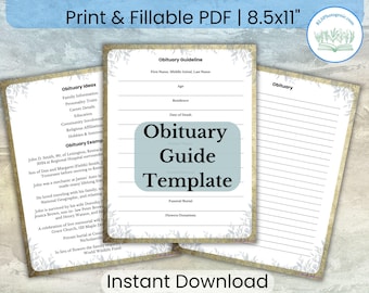 May include: A printable PDF obituary guide template with a floral border. The template includes sections for personal information, date of death, and funeral details. The text "Obituary Guide Template" is prominently displayed.