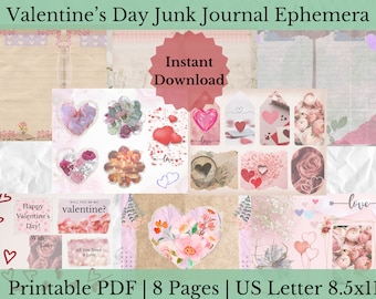 Valentine's Day Junk Journal Ephemera | Printable Craft Scrapbook Paper and Tags | Hearts and Flowers | Floral Valentines Cards