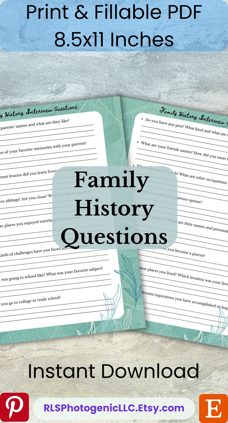 May include: Printable 8.5x11 inch PDF document with a teal and white floral background. The document contains a list of family history interview questions. The text "Family History Questions" is in a large, bold font.