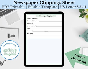 Newspaper Clippings Sheet | Articles Organizer | Fillable Printable | Preserve Newspapers | Ancestry