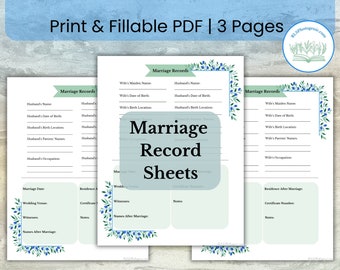 Marriage Records Printable Fillable Sheets | Family Tree | Ancestry Research