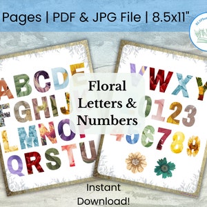Florales Alphabet und Zahlenblöcke zum Ausdrucken | Blumen Buchstaben Schriftart | Junk Journal Scrapbooking Ephemera | Alphabet Poster