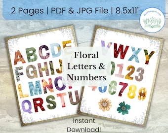 Floral Alphabet and Numbers Printable | Flower Letters Font | Junk Journal Scrapbooking Ephemera | Paper Craft Projects