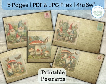 Gnome Mushroom Butterfly Garden Postcards | Vintage Design | Digital Download Printable