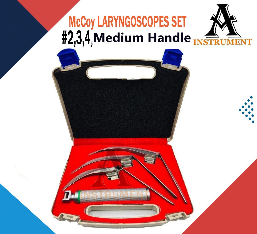 Set Laringoscopio LED Fibra Ottica Pro McCoy &ndash; Lame Curve Flexi-Tip (Taglie #2, #3, #4) Con Manico Medio
