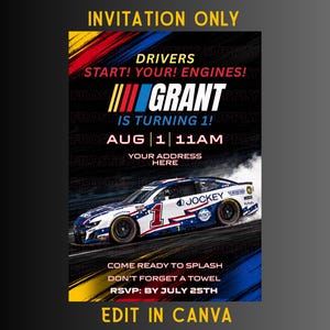 Könnte beinhalten: Eine Geburtstagseinladung im Rennwagen-Design mit einem weißen, blauen und roten Stock-Car auf schwarzem Hintergrund mit gelben, roten und blauen Akzenten. Der Text lautet: INVITATION ONLY, DRIVERS START! YOUR! ENGINES!, GRANT IS TURNING 1!, AUG 1 11AM.