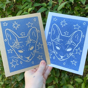Celestial Cat Linocut Art Print, Spooky Witchy Whimsical Fall Sphynx Cat Lover Lino Print, Homemade Gift Ideas