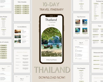 May include: A 10-day travel itinerary for Thailand with a phone mockup showing a photo of a tropical beach with longtail boats. The itinerary includes a daily schedule, accommodations, attractions, tours, restaurants, and packing list.