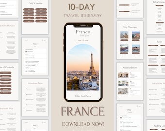 Pode incluir: Um itinerário de viagem de 10 dias para a França com um guia de viagem, um cronograma diário, uma visão geral da viagem, acomodações, passeios, atrações e uma lista de embalagem. A imagem da capa apresenta uma foto da Torre Eiffel em Paris.