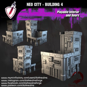 Edifício Neo City 4 | Por Reinos Sombrios | Terreno de construção Cyberpunk com interior | Ótimo para qualquer jogo de guerra ou RPG de mesa!
