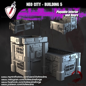 Edifício Neo City 5 | Por Reinos Sombrios | Terreno de construção Cyberpunk com interior | Ótimo para qualquer jogo de guerra ou RPG de mesa!