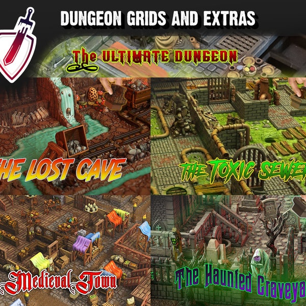 Dungeon Blocks Level Grids and Extras | Great for D&D, Pathfinder, or any Tabletop RPG | All Expansion Tiles